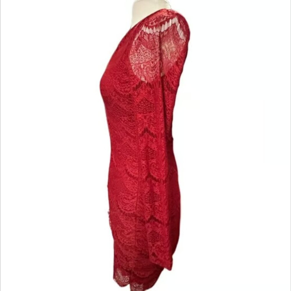 Forever 21 Red Lace Long Sleeve Bodycon Mini Dress V-Neck Breathable Stretch NEW - Picture 4 of 10